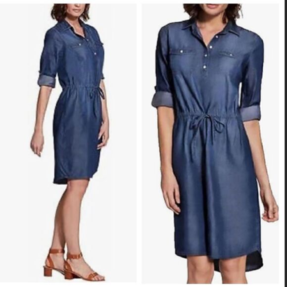 Gloria Vanderbilt Womens Ashleigh Dress Cancun Dark Wash Chambray Denim S - Picture 1 of 10